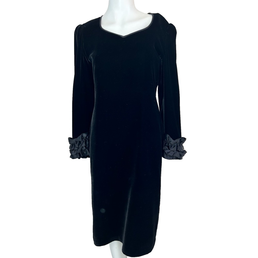 Vtg 80s FLORA KUNG Holiday Black Silk Blend Velvet Midi Dress Ruffle Cuff Sz 4